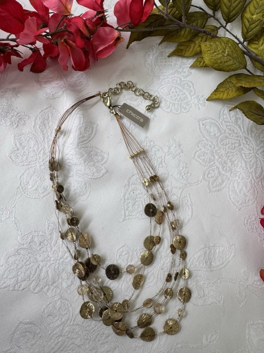 Chicos Gold Tone 16" 5 Layer Chain Seed Bead Beaded Charm Statement Necklace NEW - Picture 6 of 13